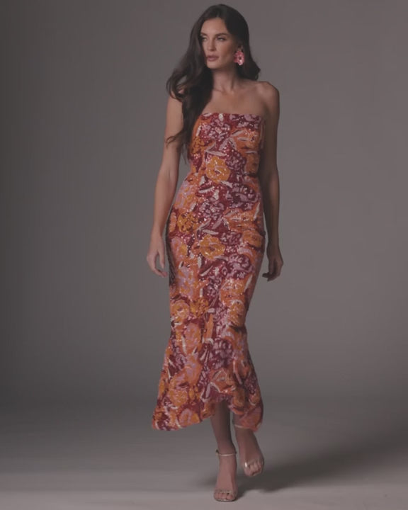 Mac Duggal 56385 Strapless Floral Sequin Midi Dress video