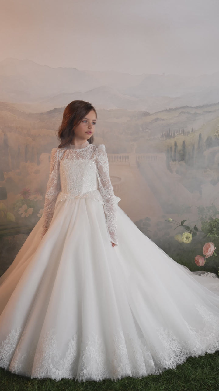 Pentelei 3915 Beaded Lace Tassel Sleeve Kids Ball Gown