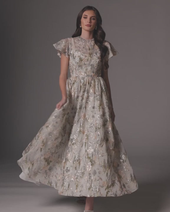 Mac Duggal 69107 Flutter Sleeve Sequin A-Line Midi Dress video