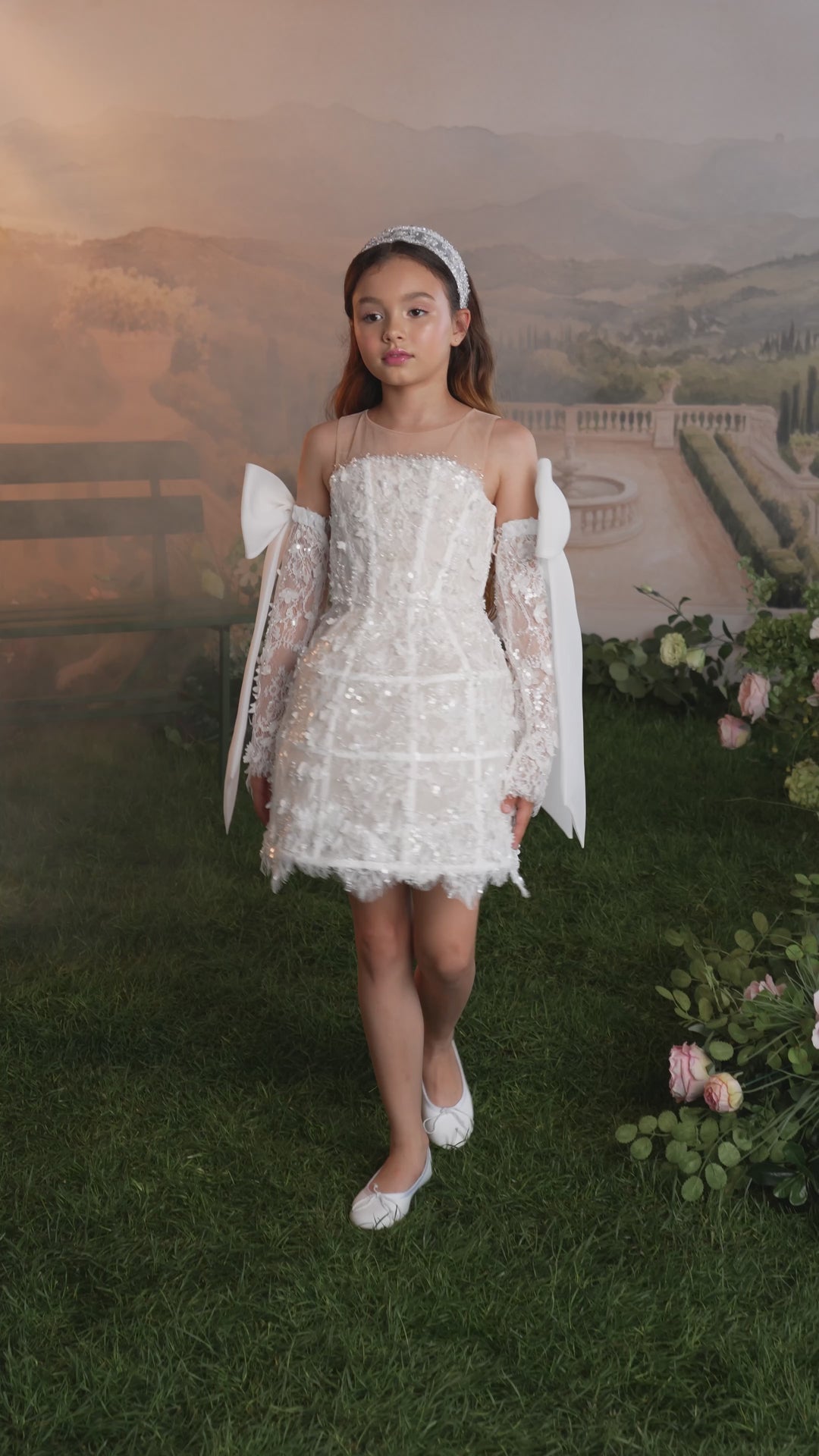 Pentelei 3920 Sequined Lace Bow Sleeve – Ivory Kids Party Mini Dress