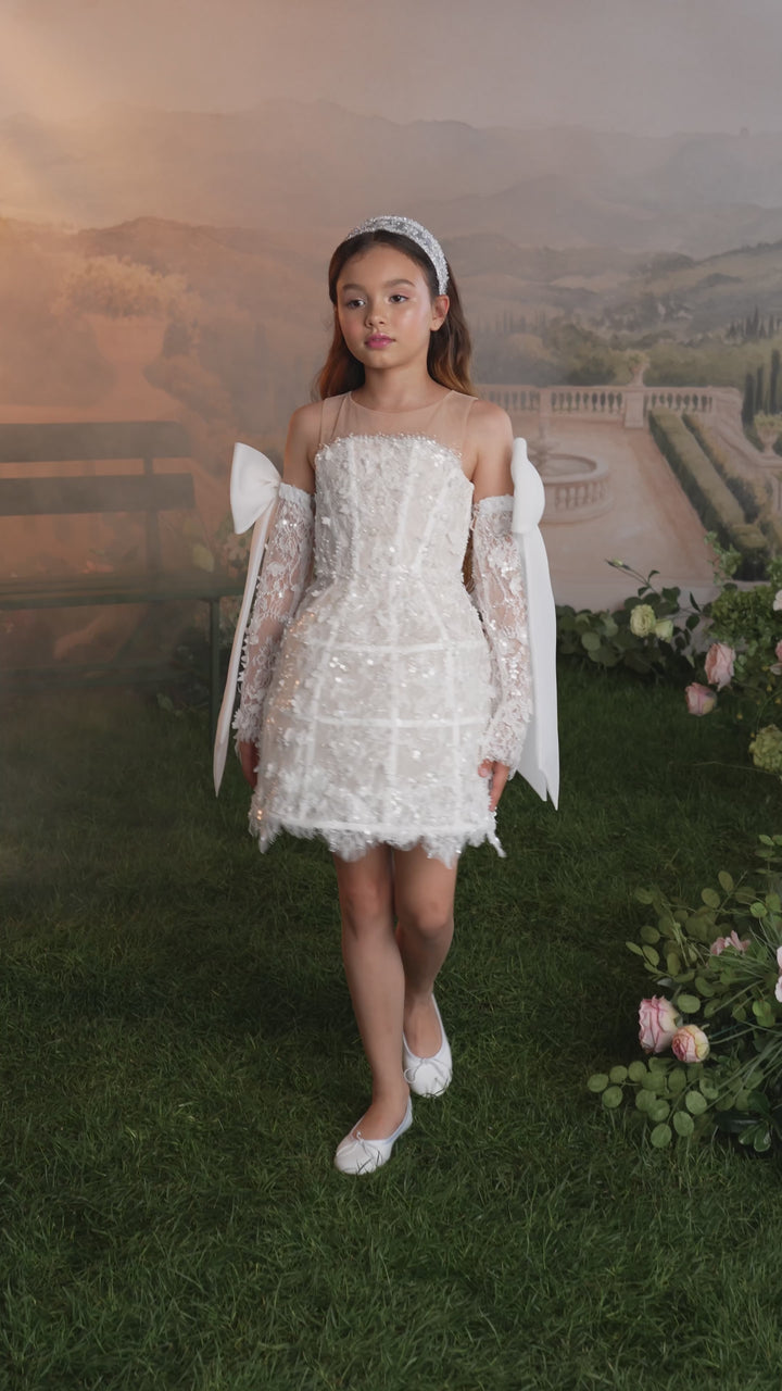 Pentelei 3920 Sequined Lace Bow Sleeve – Ivory Kids Party Mini Dress