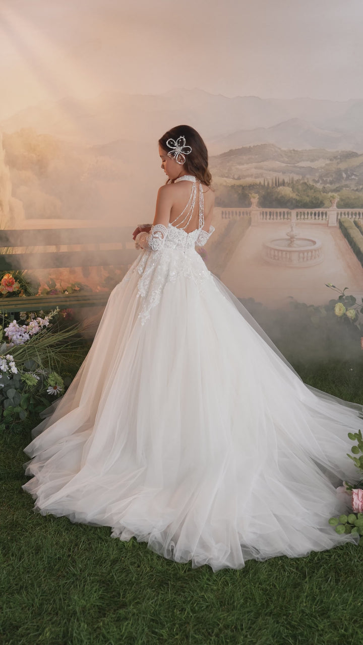 Pentelei 3932 Halter Ball Gown with Pearl Strand Back Kids Dress