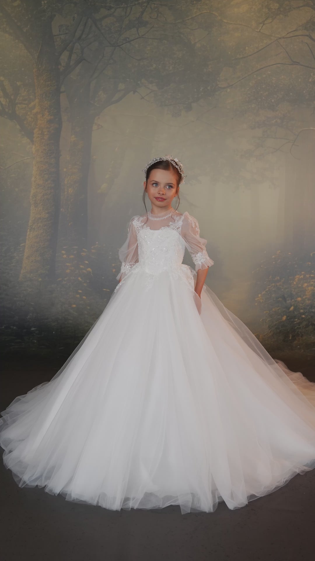 Pentelei 3933 Lace Puff Sleeve Ball Gown with Button Back Kids Dress