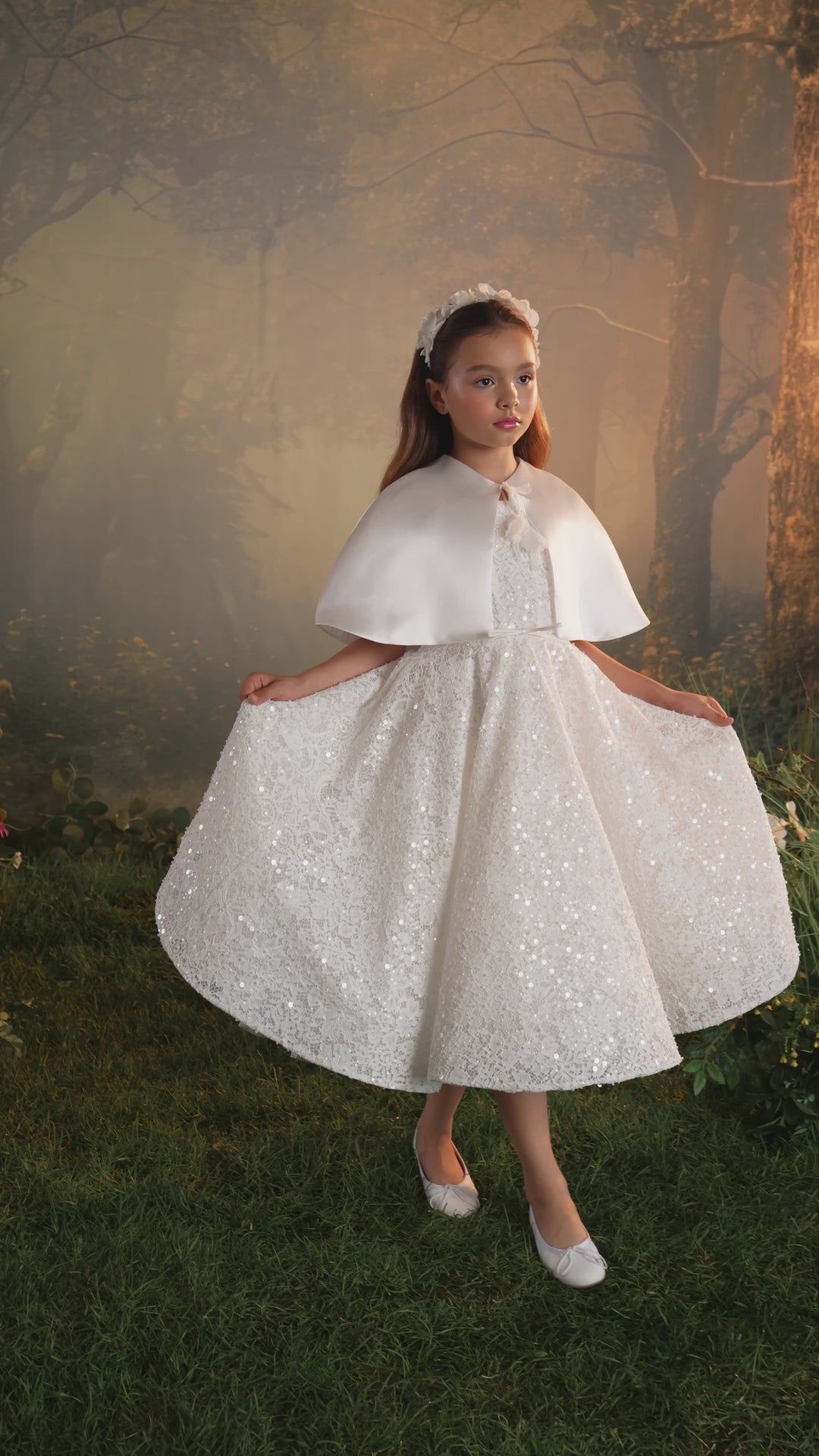 Pentelei 3930 Sequin Lace Tea-Length Dress with Optional Cape Kids Dress
