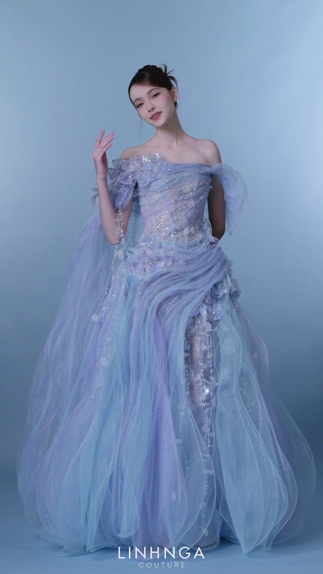 Linh Nga LXBAT264 Off-Shoulder Sleeveless Open-Back Couture Dress