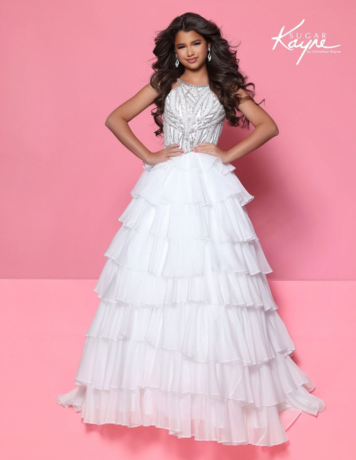 Sugar Kayne C423 high neck ruffle girls pageant gown alternate color front view 5