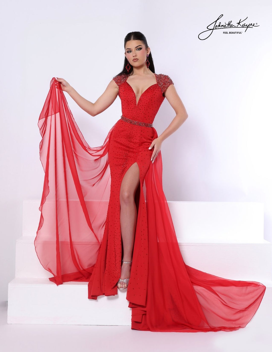 Johnathan Kayne 3364 cap sleeve pageant gown with detachable overskirt front view