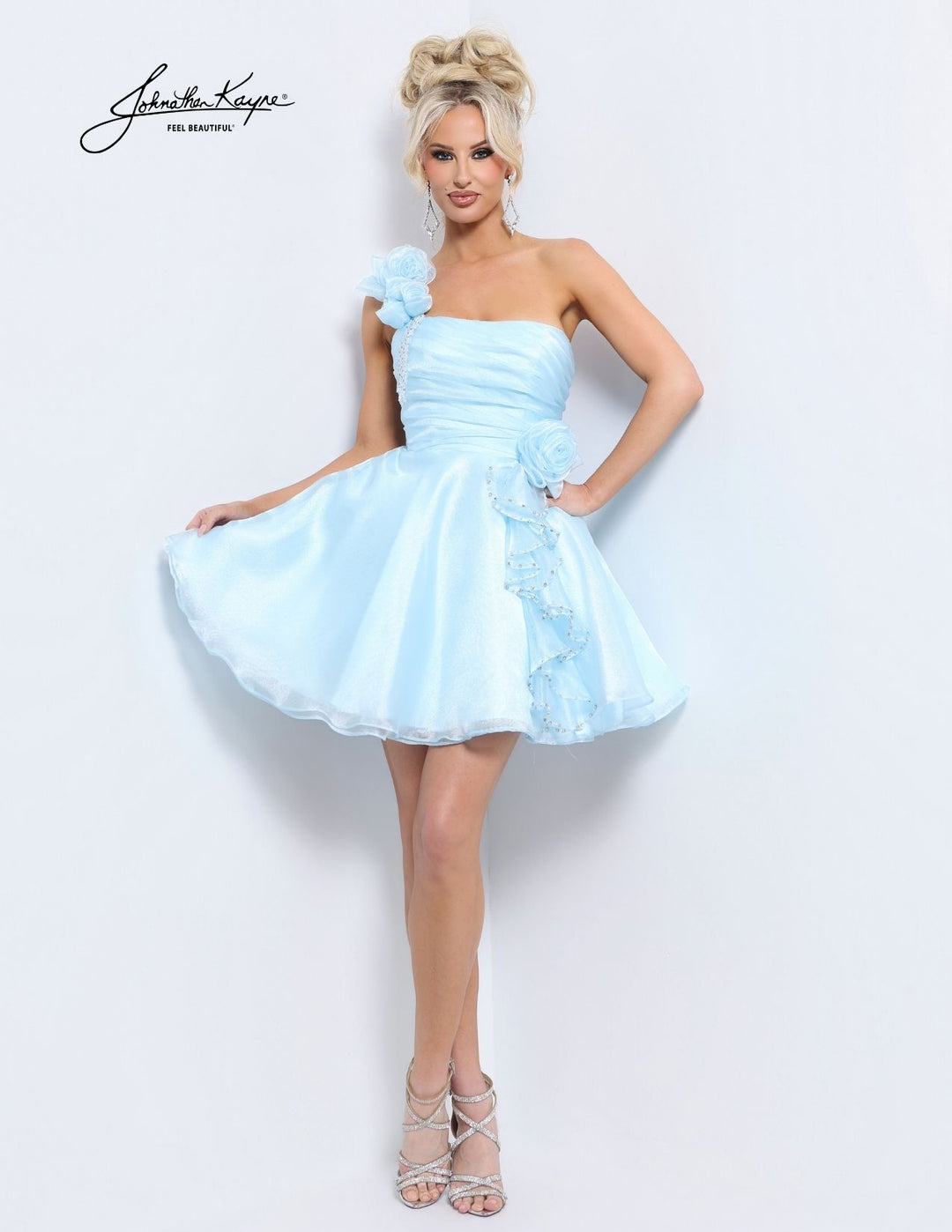 Johnathan Kayne 3267S one-shoulder floral fit and flare cocktail dress front view