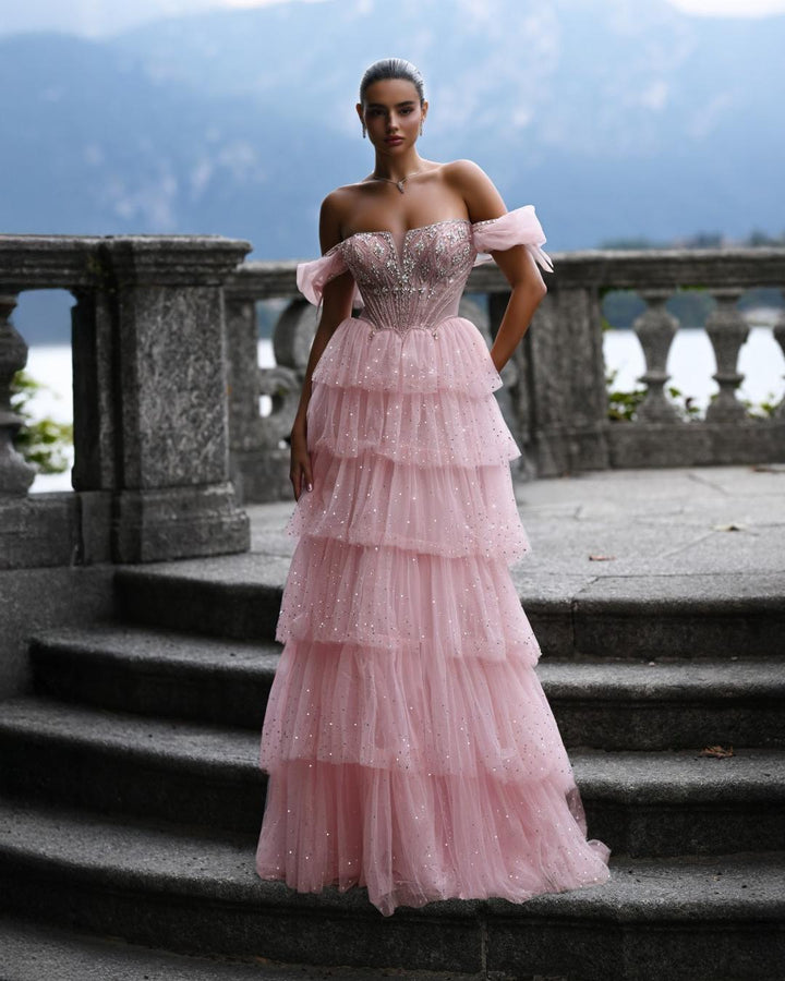Delilah SH11607 Beaded Corset Gown with Puff Sleeves and Tiered Ruffle Skirt - Pink front view