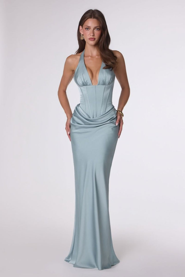 Amoris T743 Halter Neck Corset Column Dress with Draped Waist and Lace-Up Back