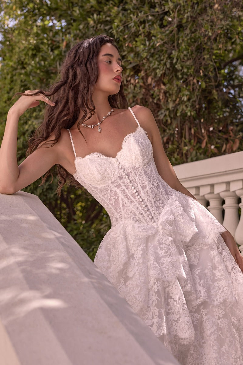 Andrea & Leo Couture WL076 neckline, straps and boned corset bodice, three-quarter detail