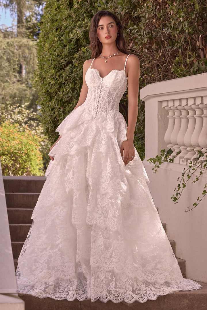 Andrea & Leo Couture WL076 scalloped lace tiered bridal ball gown in off white, front view
