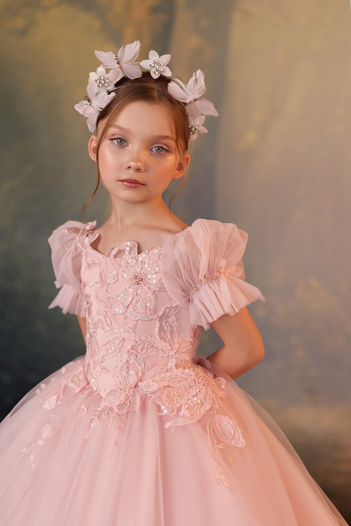 Pentelei 3927 Sequined Floral Puff Sleeve Kids Ball Gown