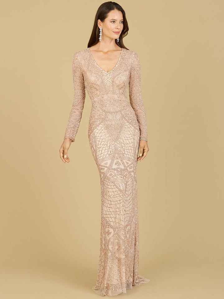 Lara 29215 - Long Sleeve Beaded Dress - FOSTANI