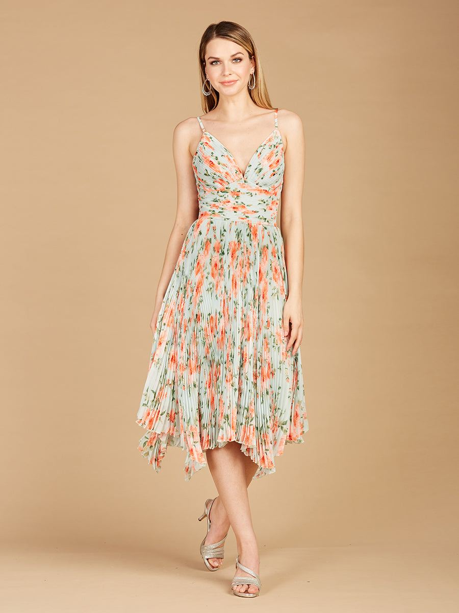 Lara 29243 - V-Neck Printed Midi Length Dress with Pleats - FOSTANI