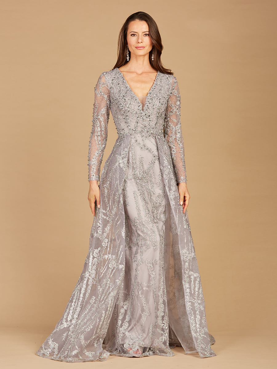 Lara 29352 - Long Sleeve Lace Gown with Overskirt - FOSTANI