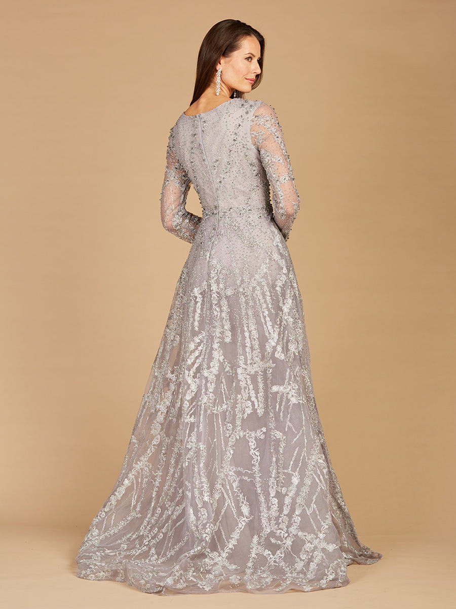 Lara 29352 - Long Sleeve Lace Gown with Overskirt - FOSTANI