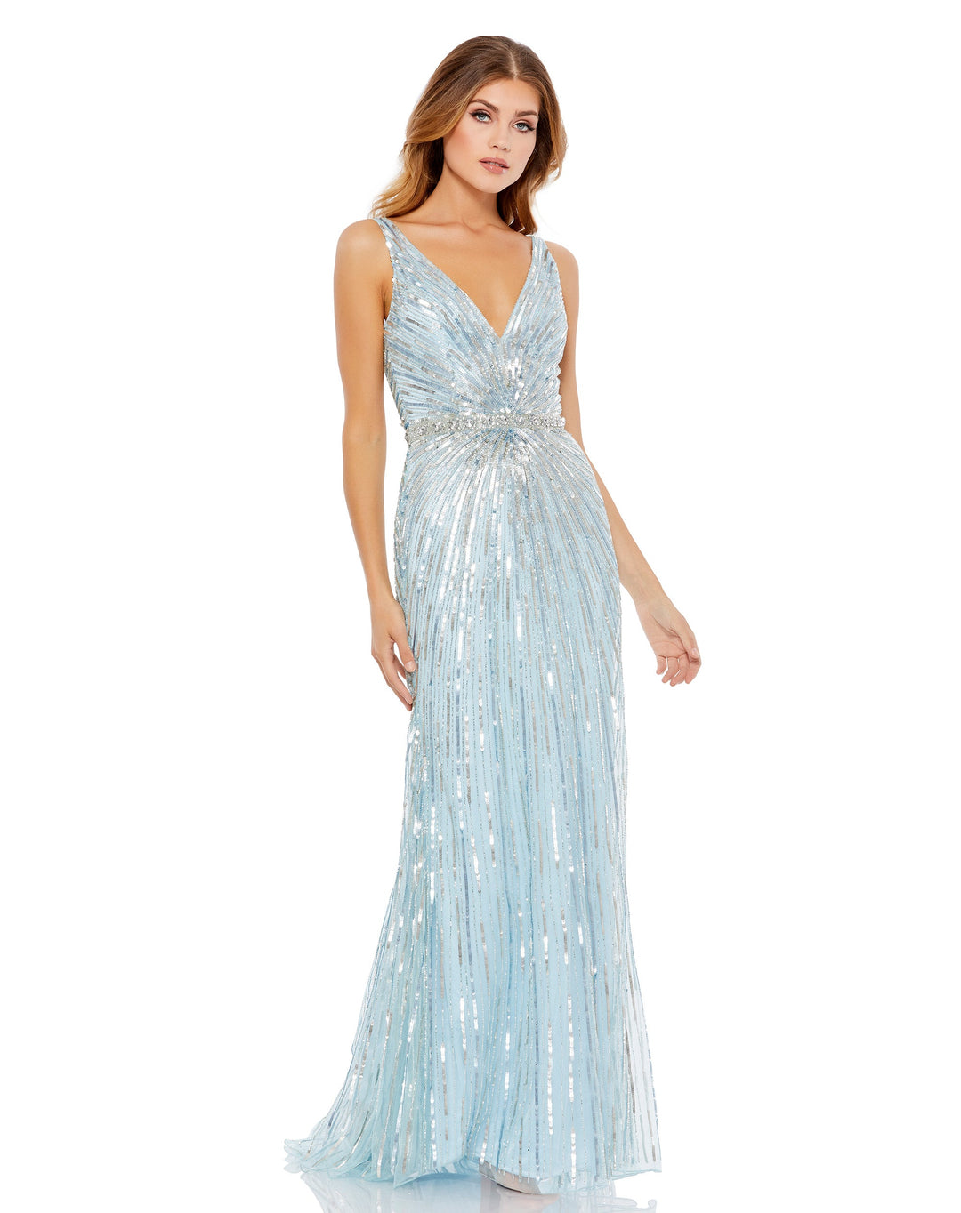 Powder Blue Sequin V-Neck Dress - FOSTANI