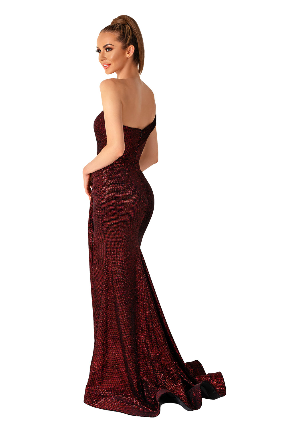 Turn heads in the Evajé 10077 evening gown featuring a sweetheart neckline, single cap sleeve, and ruched detailing with a daring thigh-high slit – perfect for any glamorous occasion.