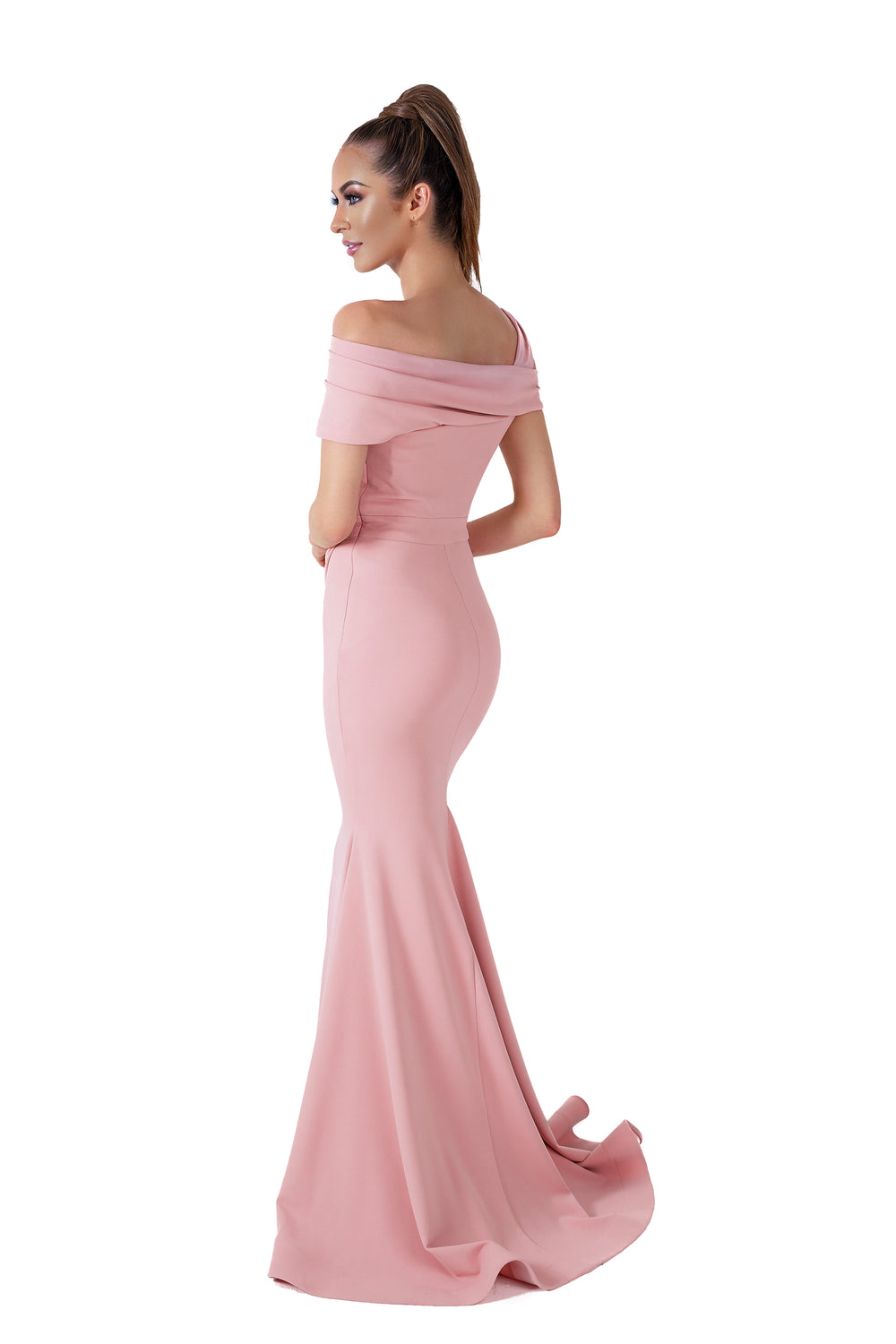 Turn heads in the Evajé 10066 gown featuring a chic one-shoulder neckline, draped cap sleeves, and a pleated full-length skirt with a dramatic side slit – perfect for standout occasions.

