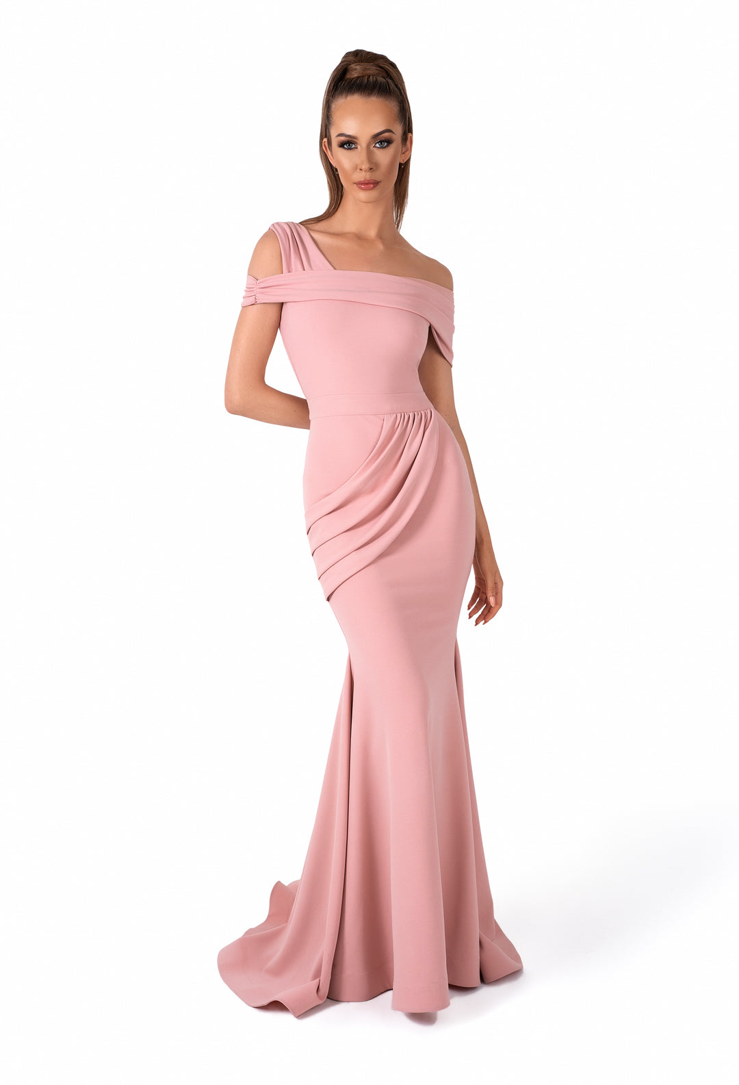 Turn heads in the Evajé 10066 gown featuring a chic one-shoulder neckline, draped cap sleeves, and a pleated full-length skirt with a dramatic side slit – perfect for standout occasions.

