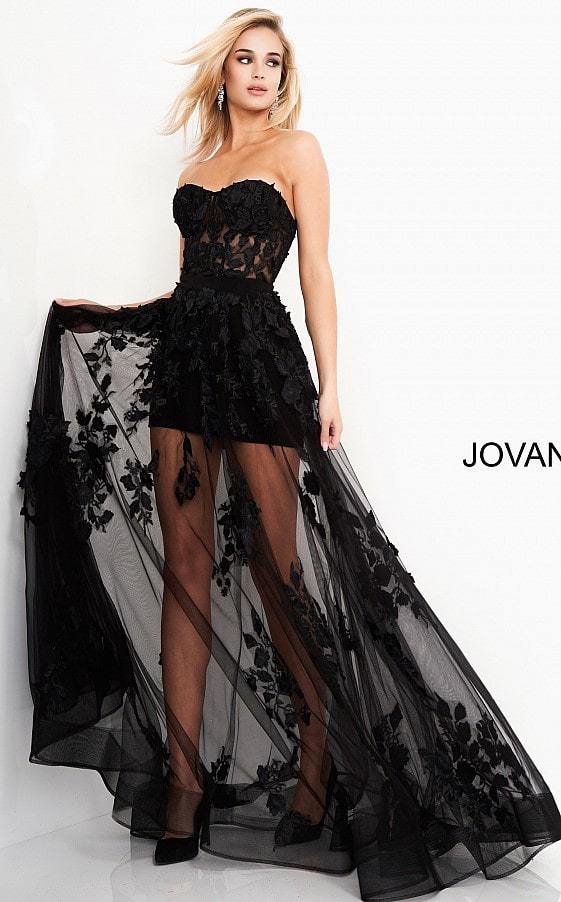 Jovani - 02845 Floral Embellished Corset Bodice Sheer Overskirt Gown - FOSTANI