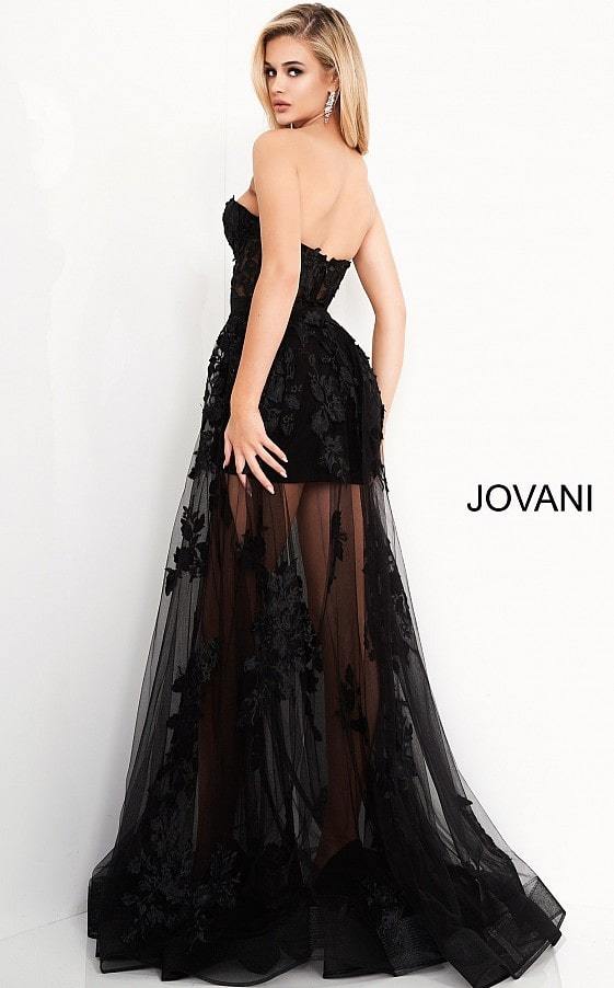 Jovani - 02845 Floral Embellished Corset Bodice Sheer Overskirt Gown - FOSTANI