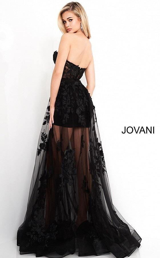 Jovani - 02845 Floral Embellished Corset Bodice Sheer Overskirt Gown - FOSTANI