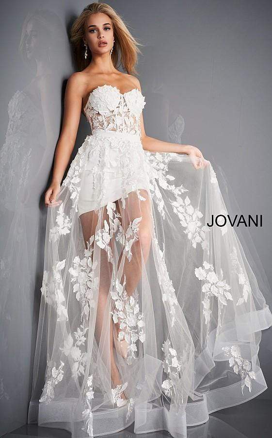 Jovani - 02845 Floral Embellished Corset Bodice Sheer Overskirt Gown - FOSTANI