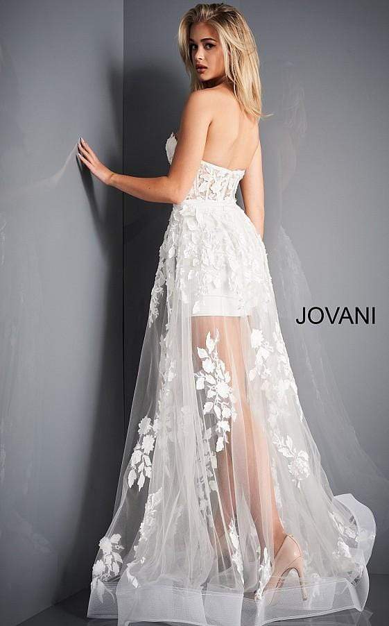 Jovani - 02845 Floral Embellished Corset Bodice Sheer Overskirt Gown - FOSTANI