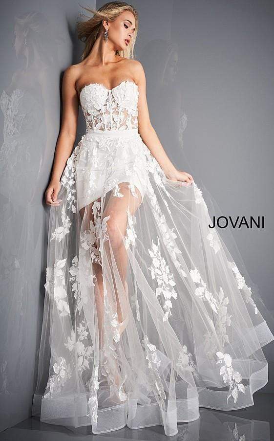 Jovani - 02845 Floral Embellished Corset Bodice Sheer Overskirt Gown - FOSTANI