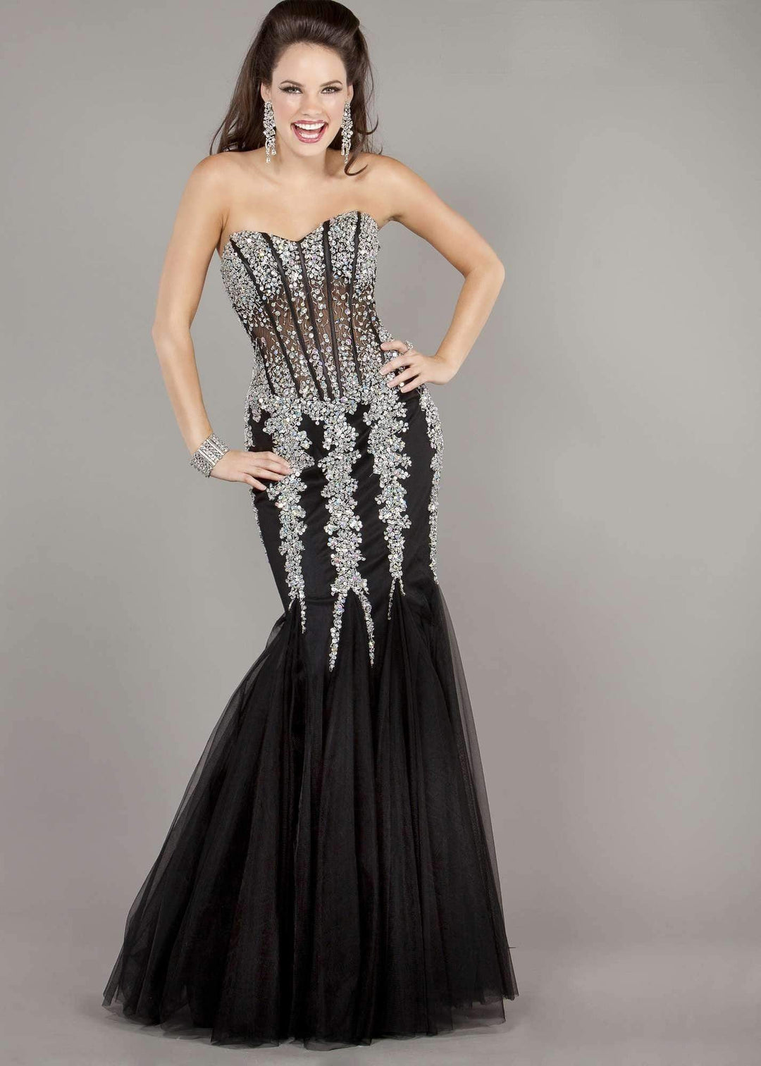 Jovani 5908 Strapless Sweetheart Corset Illusion Bodice Mermaid Gown - FOSTANI