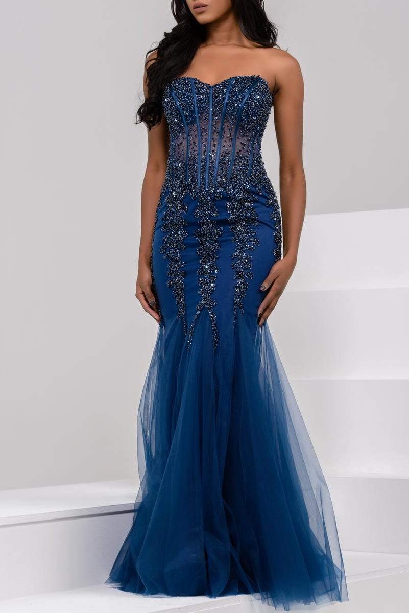 Jovani 5908 Strapless Sweetheart Corset Illusion Bodice Mermaid Gown - FOSTANI