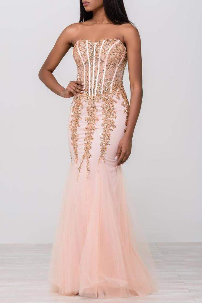 Jovani 5908 Strapless Sweetheart Corset Illusion Bodice Mermaid Gown - FOSTANI